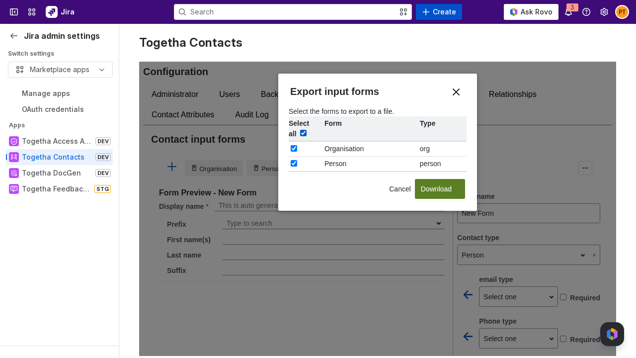 The Export input forms dialog with forms selected for download