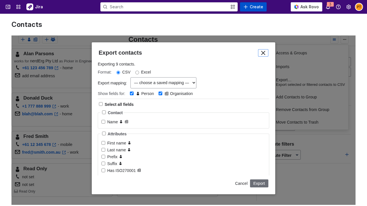 The Export contacts dialog