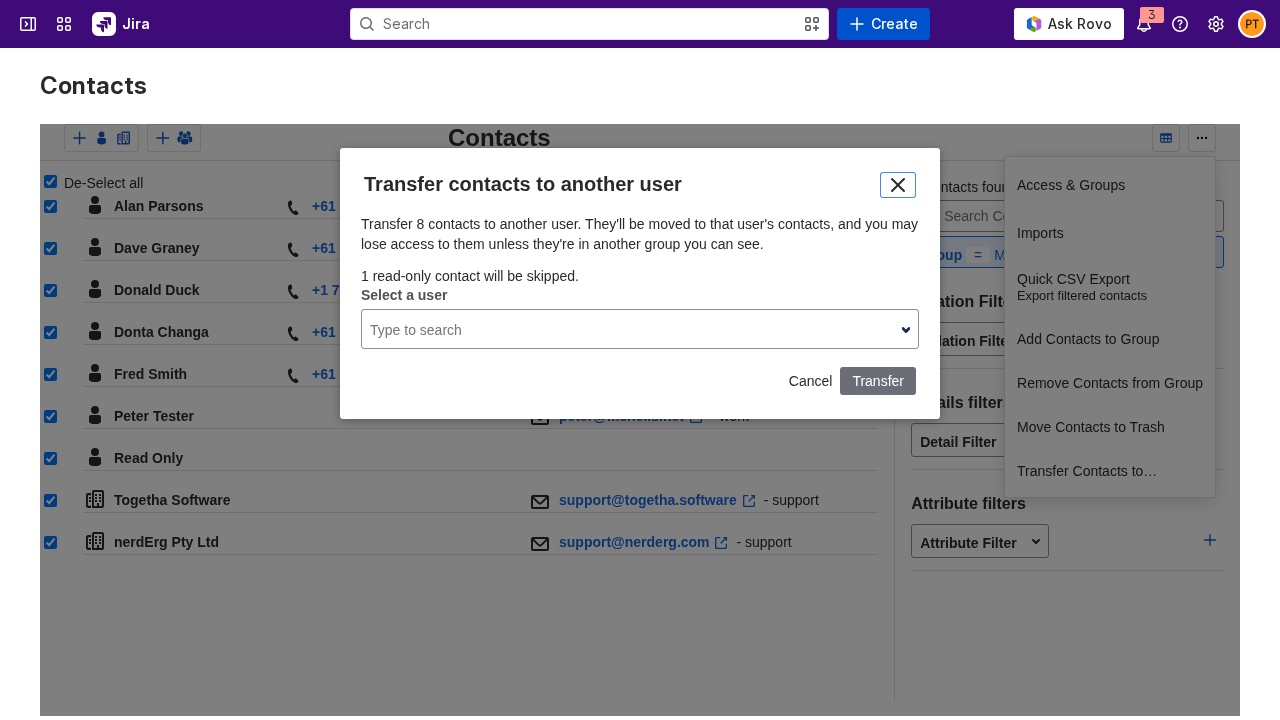 Transfer dialog with the contact count and user picker