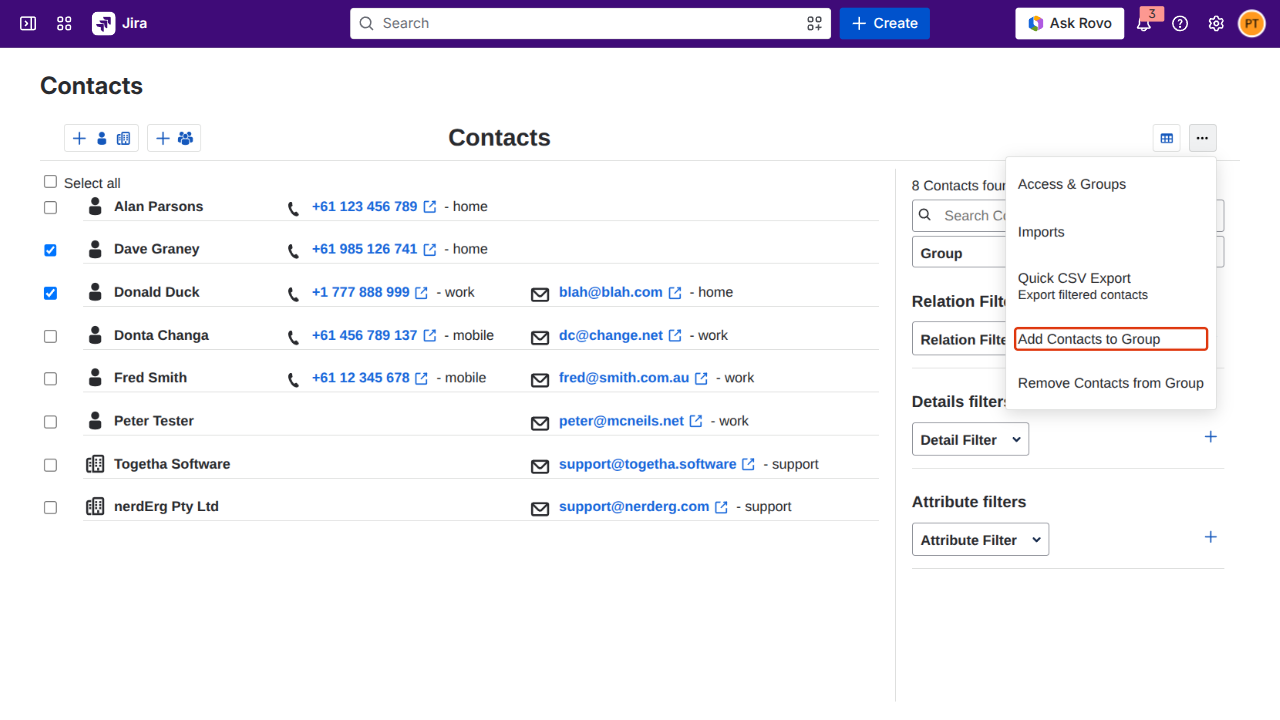 Add Contacts to Group menu option