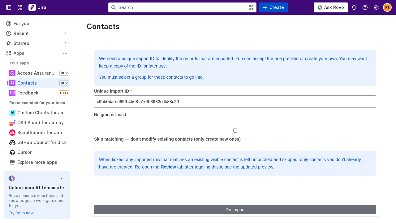 The Confirm tab with the import ID, group selector, and skip matching toggle