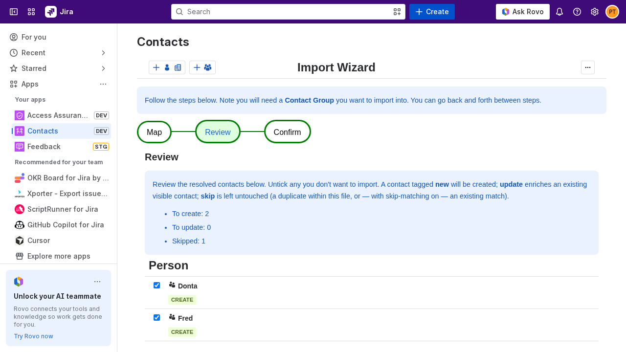 The Review tab showing the counts and the resolved contacts