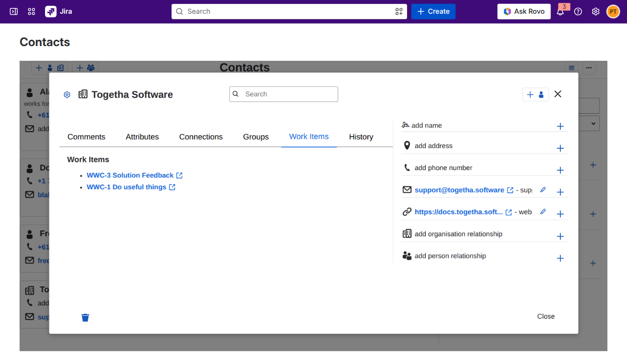 Work Items tab in the contact details dialog