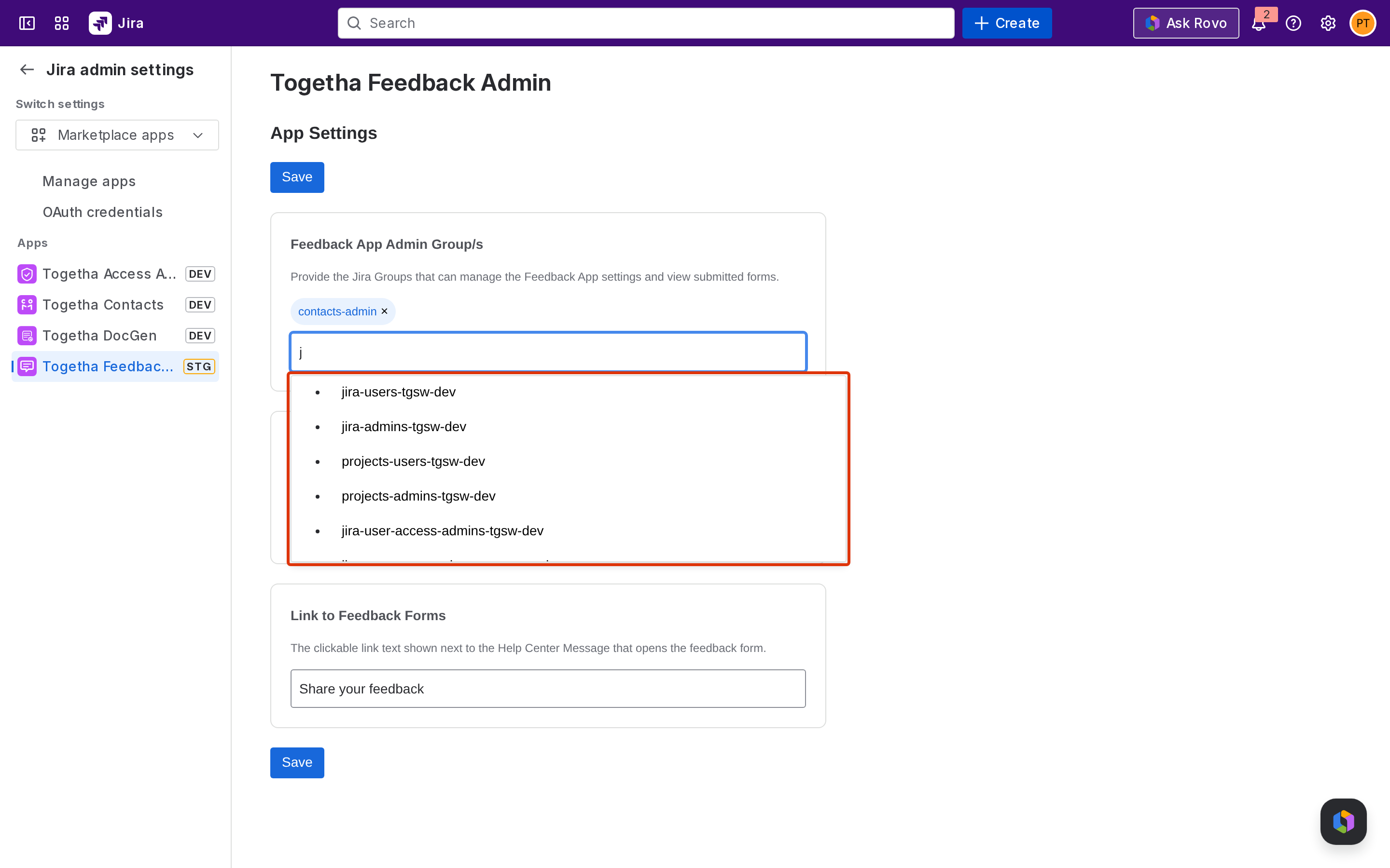 Admin Group picker open with results visible