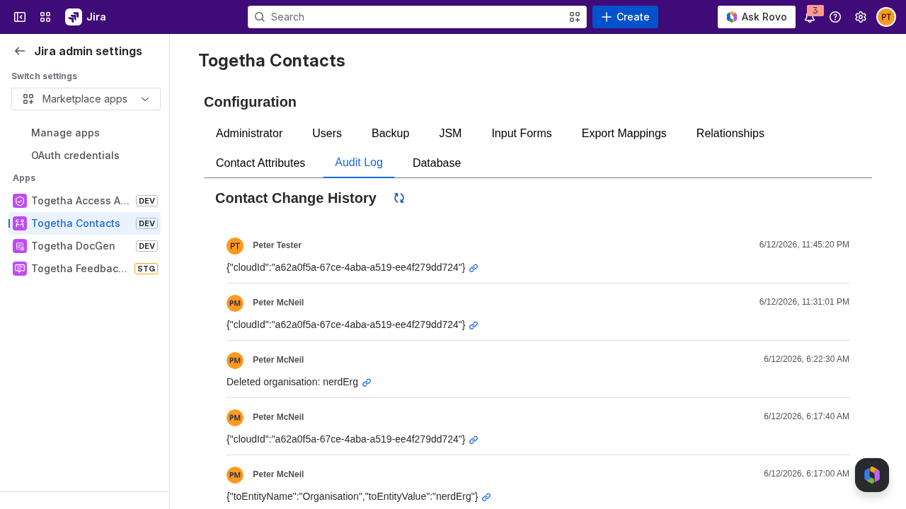 The Audit Log tab listing recent contact changes