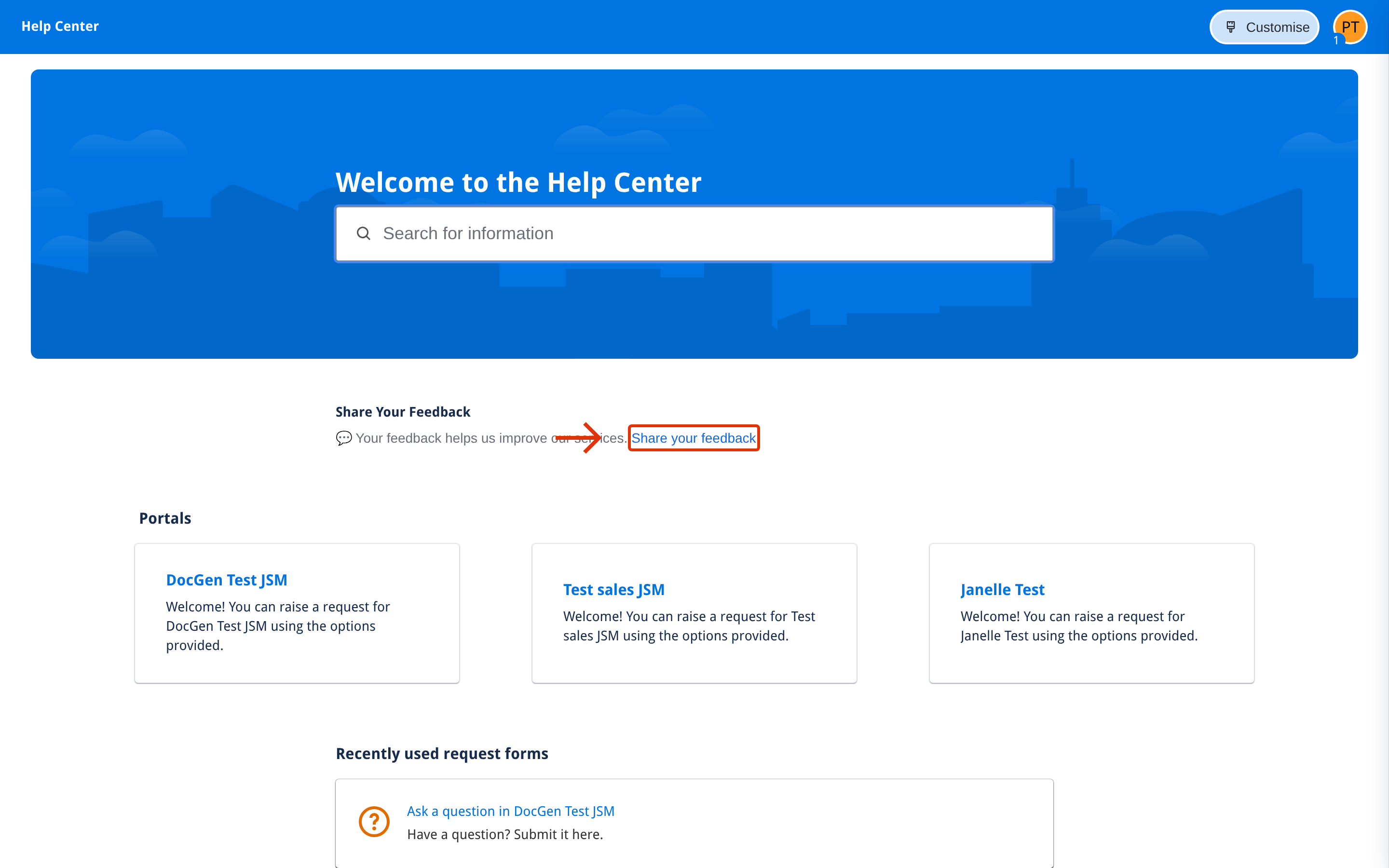 JSM portal subheader after configuring the prompt