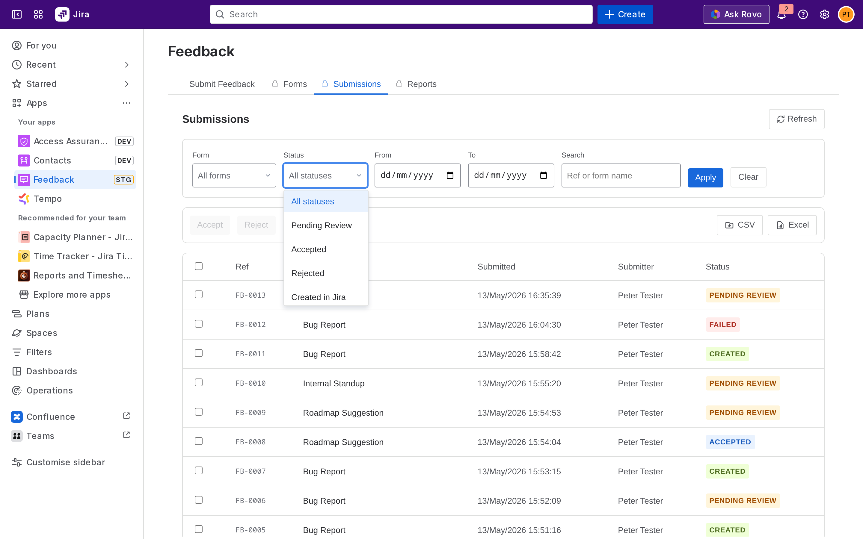 Filters bar with status and form filter open