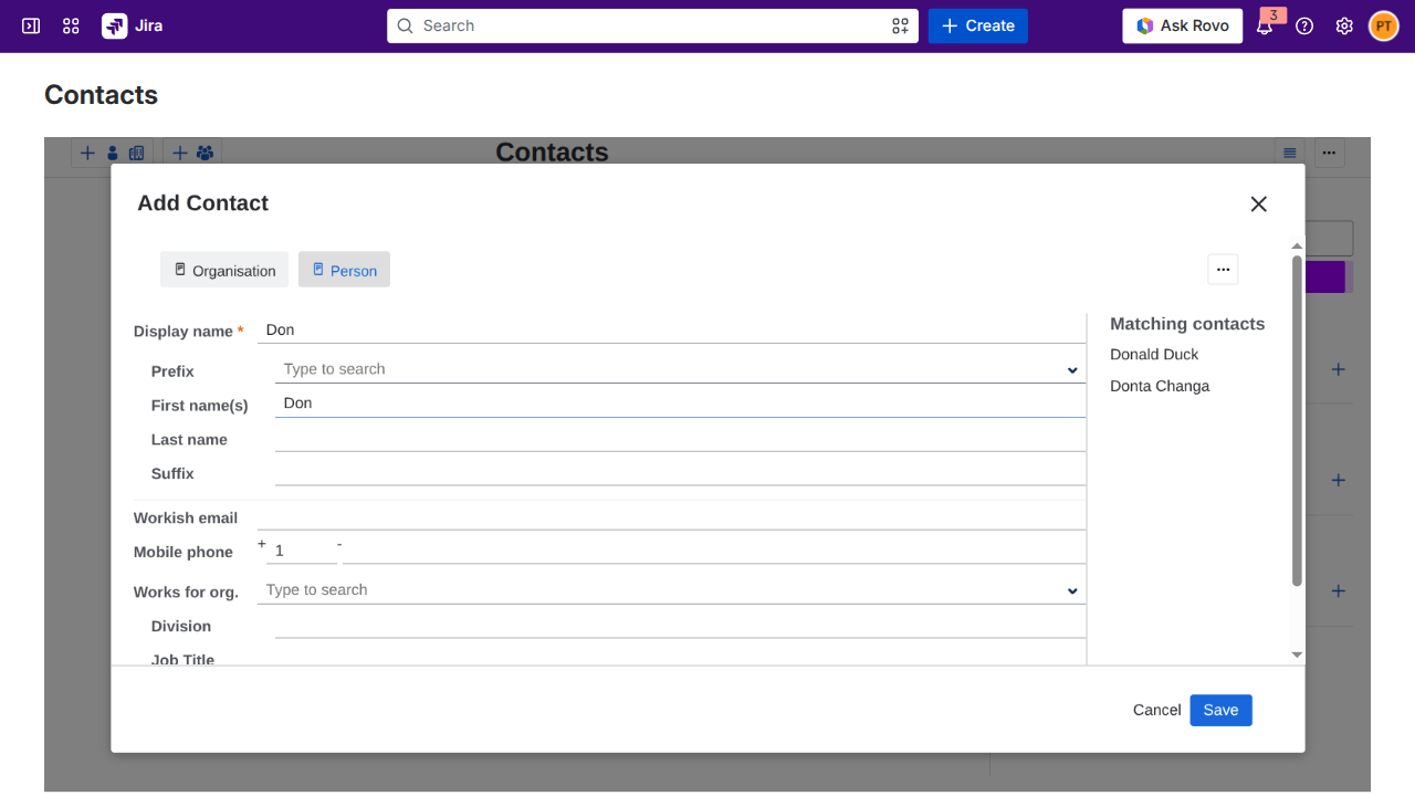 Matching contacts panel showing name suggestions