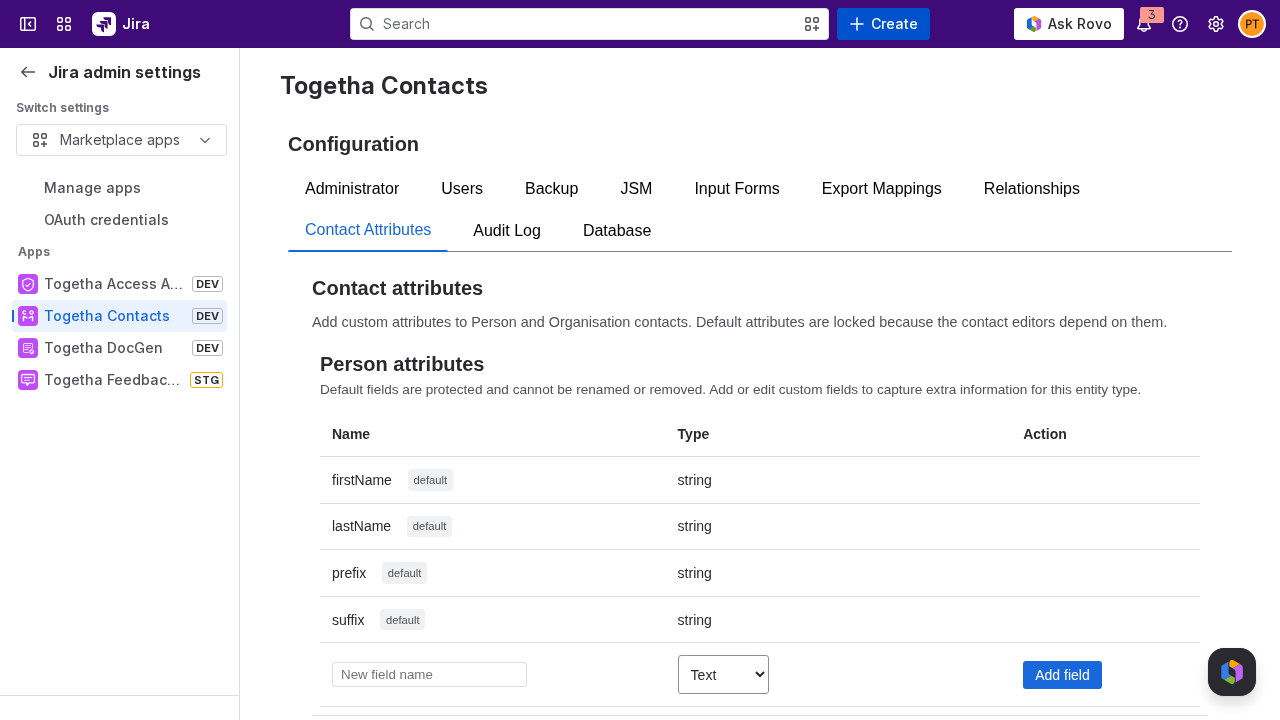 The Contact Attributes tab showing the Person and Organisation field editors