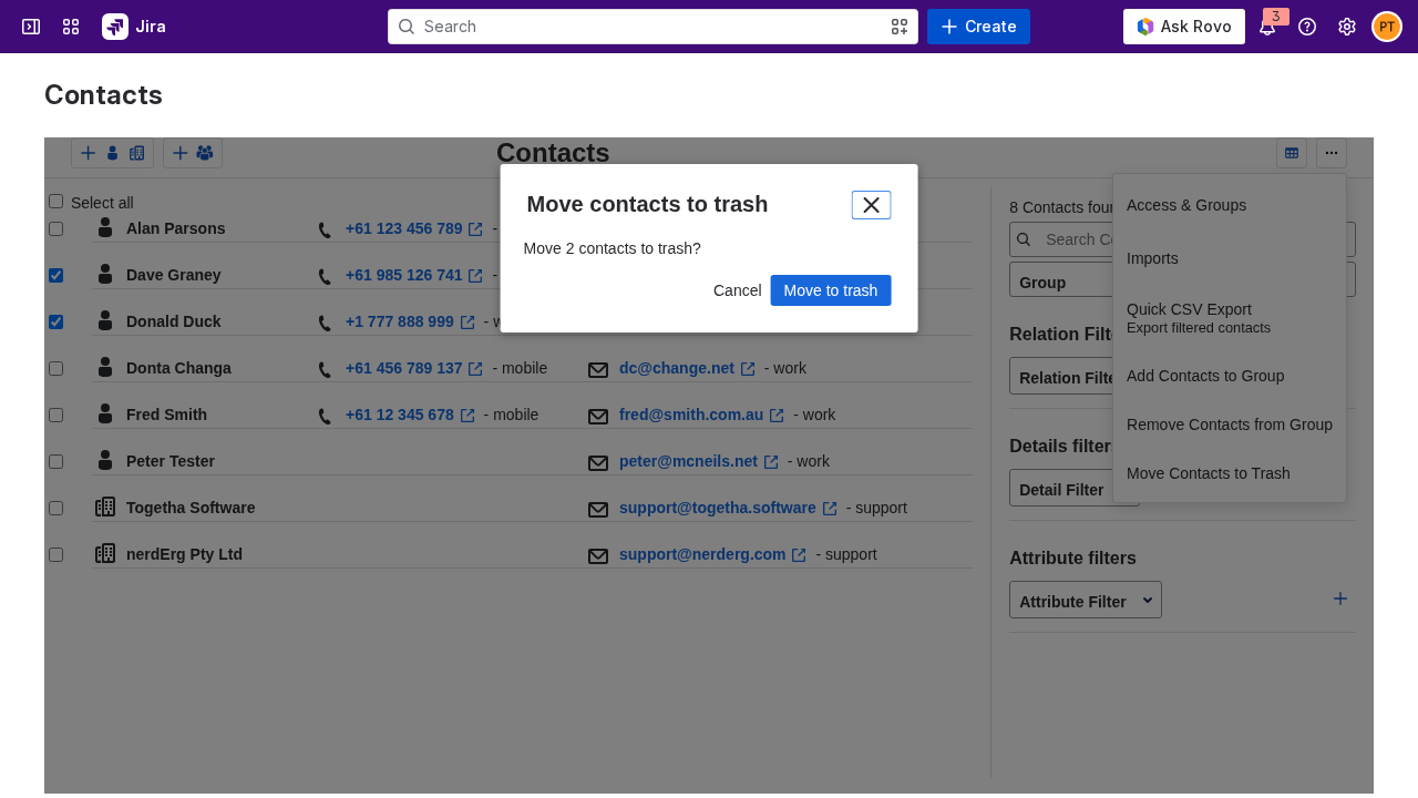 Bulk delete confirmation showing the contact count