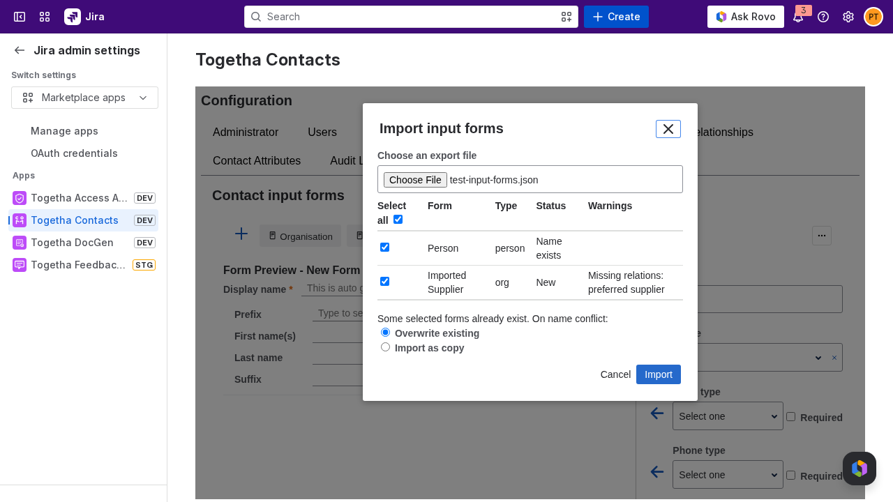 The Import input forms dialog showing parsed forms and the conflict policy