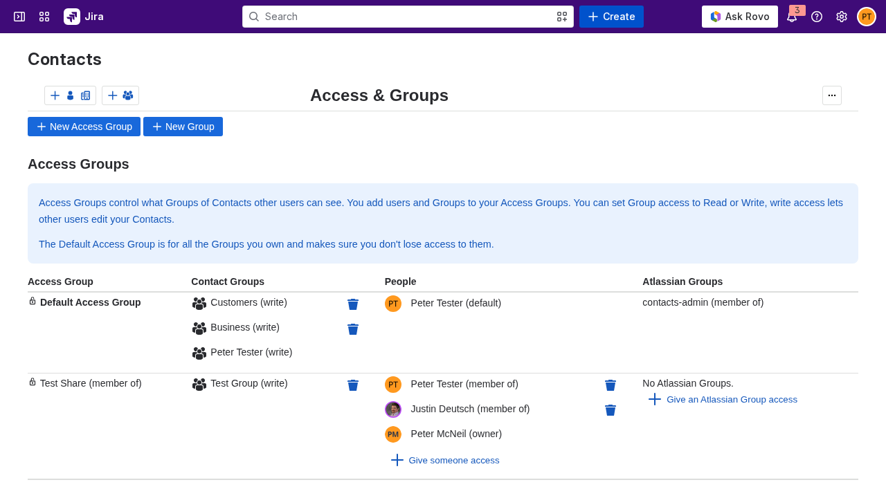 Access and Groups page showing access groups, groups, and people