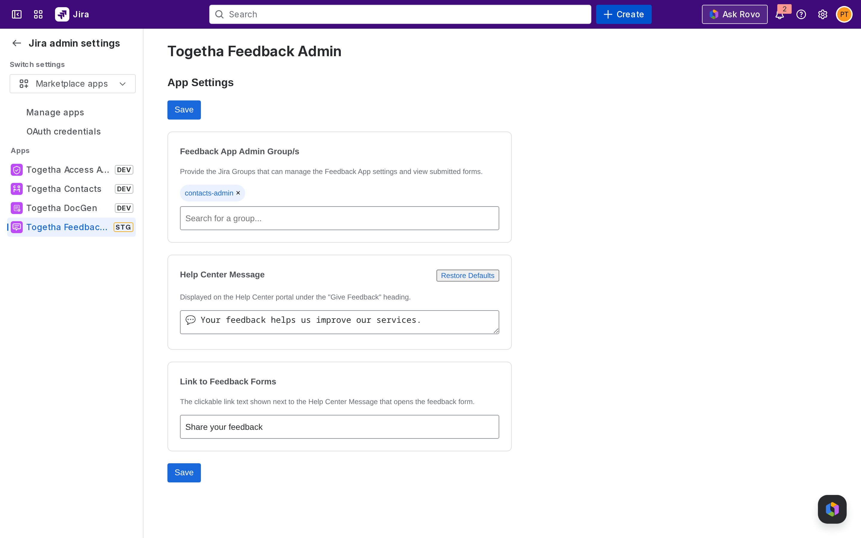 Admin page - App Settings tab on first run