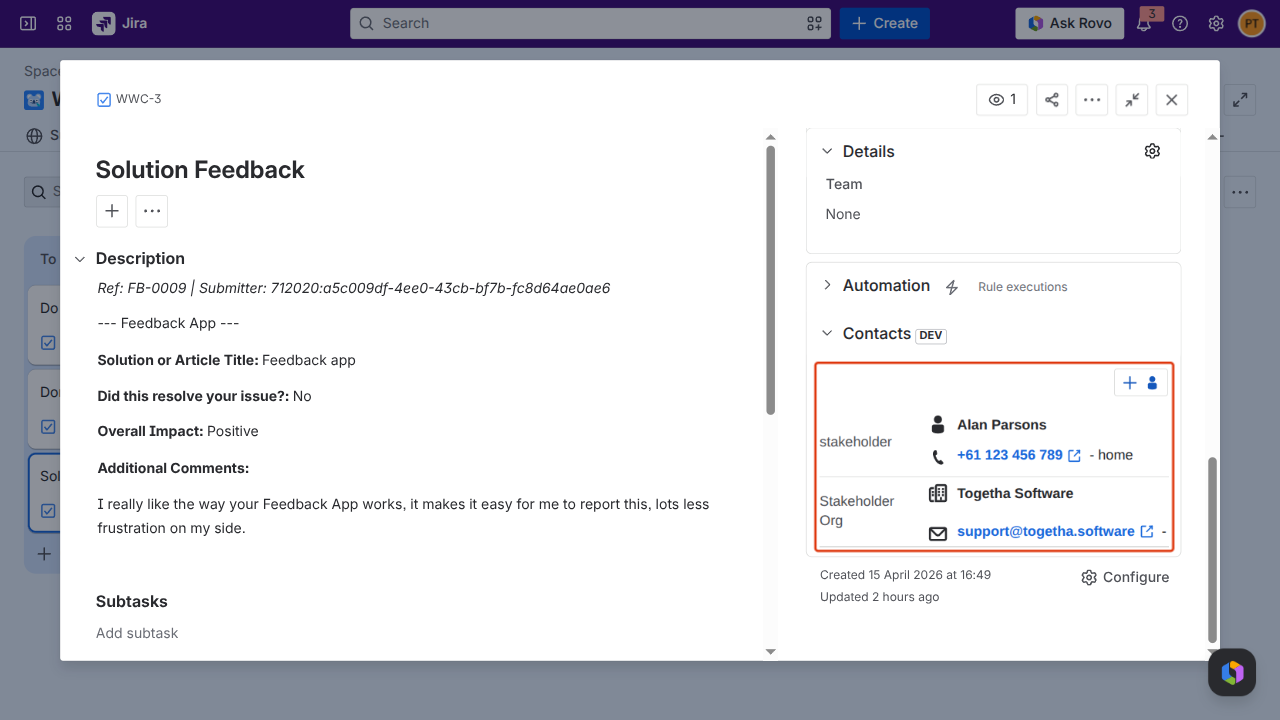 Contacts side panel on a Jira Work item