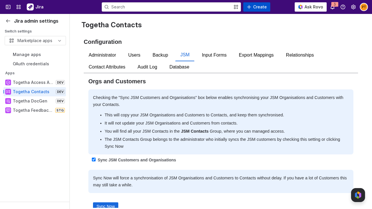 The JSM tab with the sync checkbox and Sync Now button