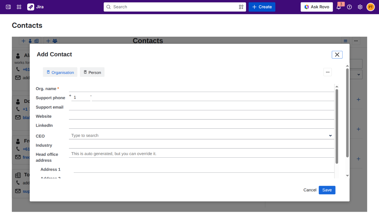 Add contact dialog with the Default form selected