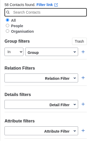 The filter panel in the side panel of the Contacts page