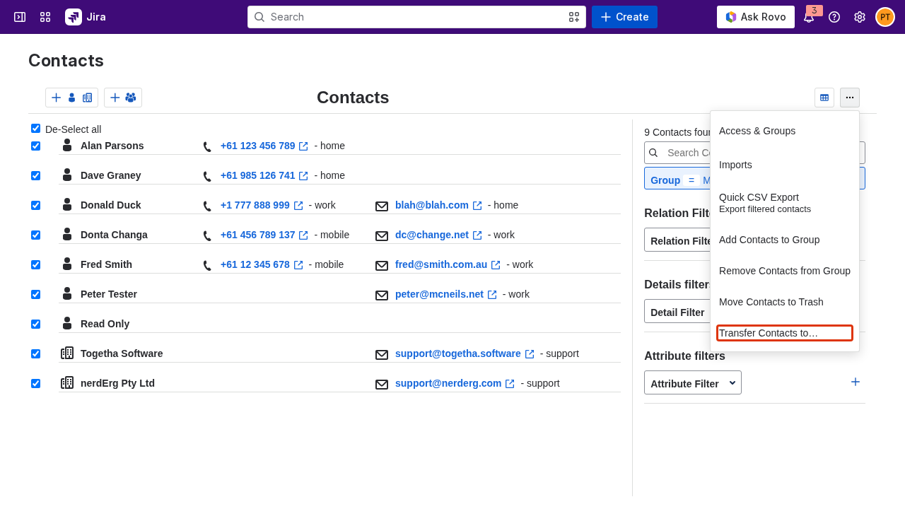 Transfer Contacts to in the kebab menu