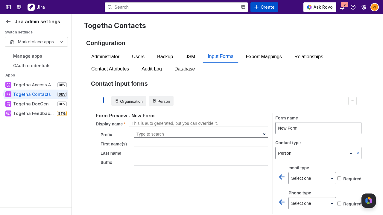 The Input Forms tab showing the form preview and field editor
