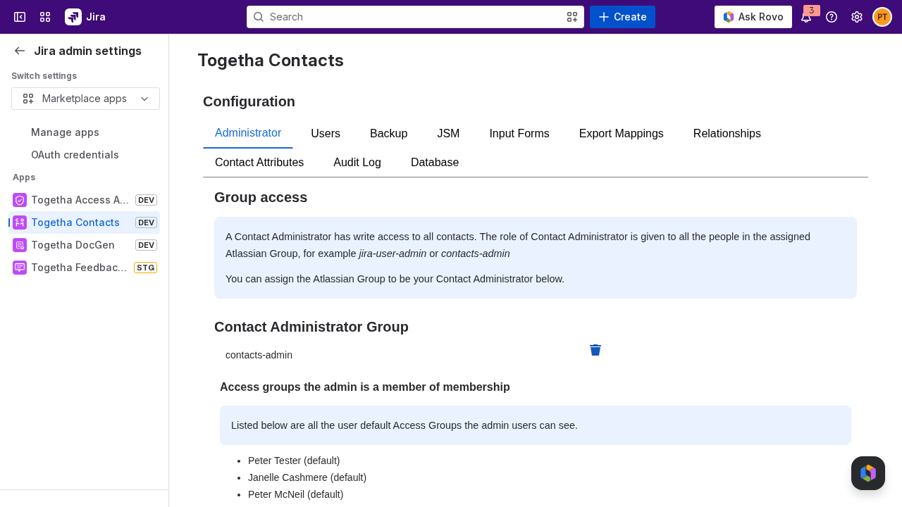 The Administrator tab with the contact administrator group set
