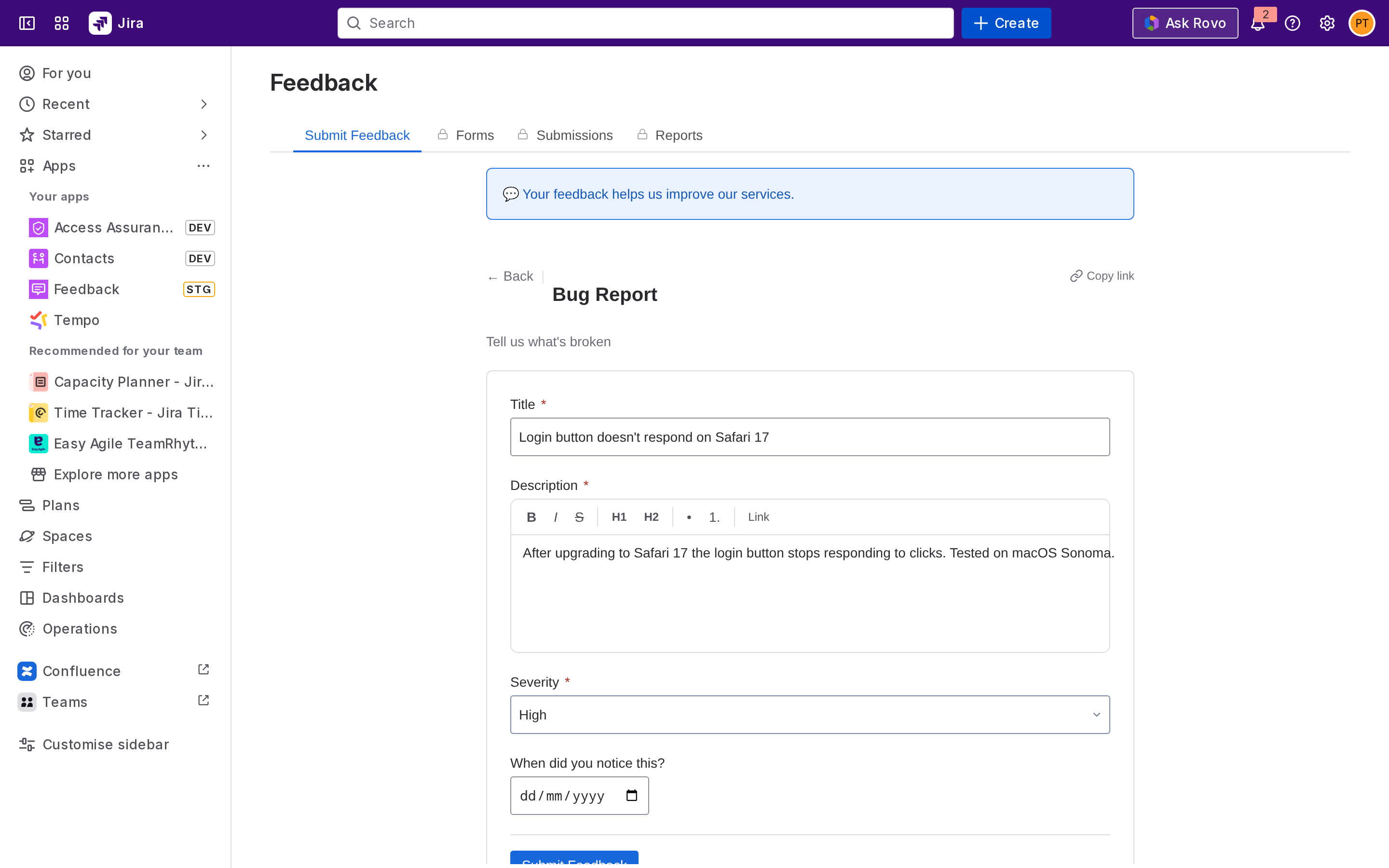 Filled feedback form ready to submit