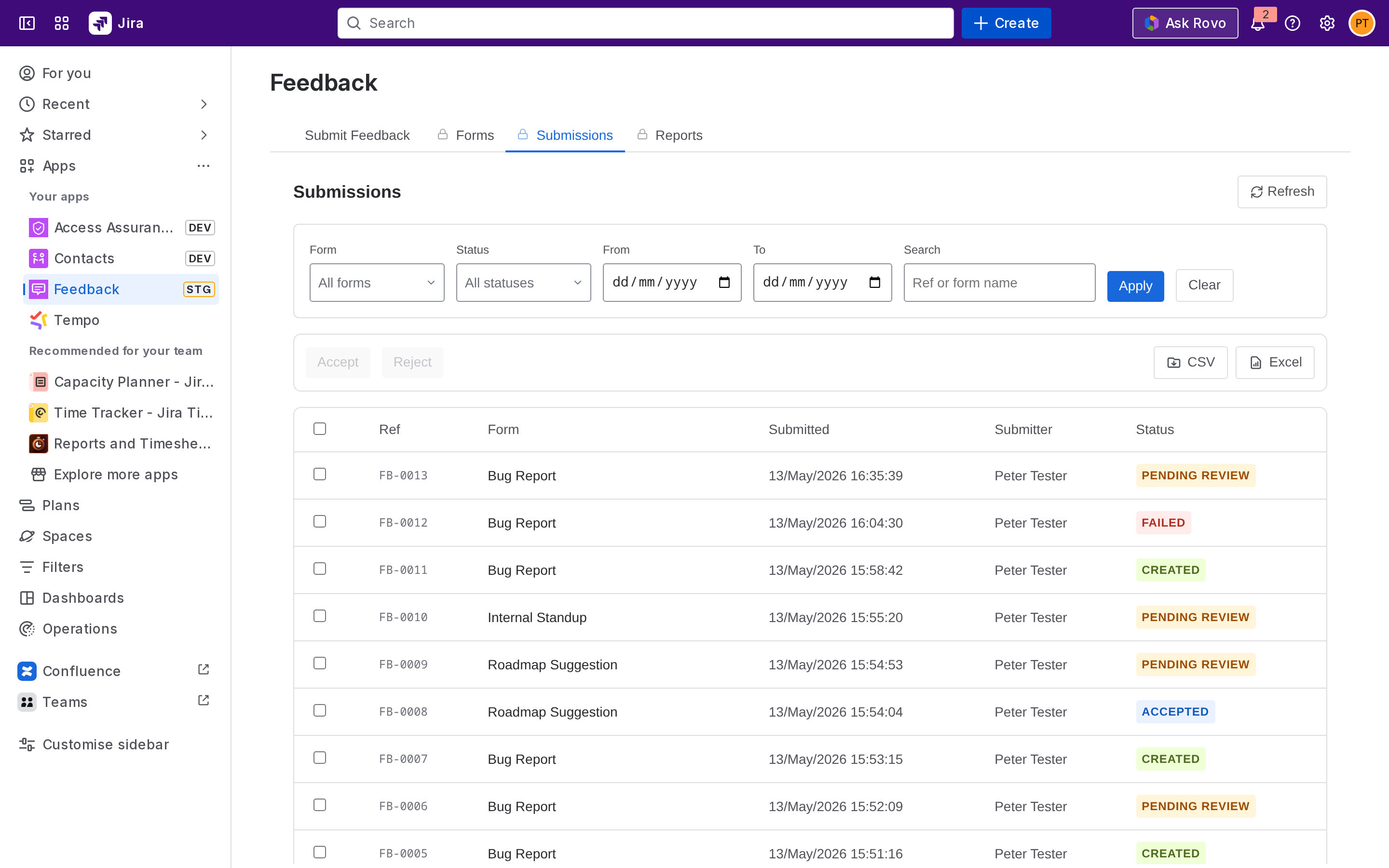 Submissions tab - mixed statuses