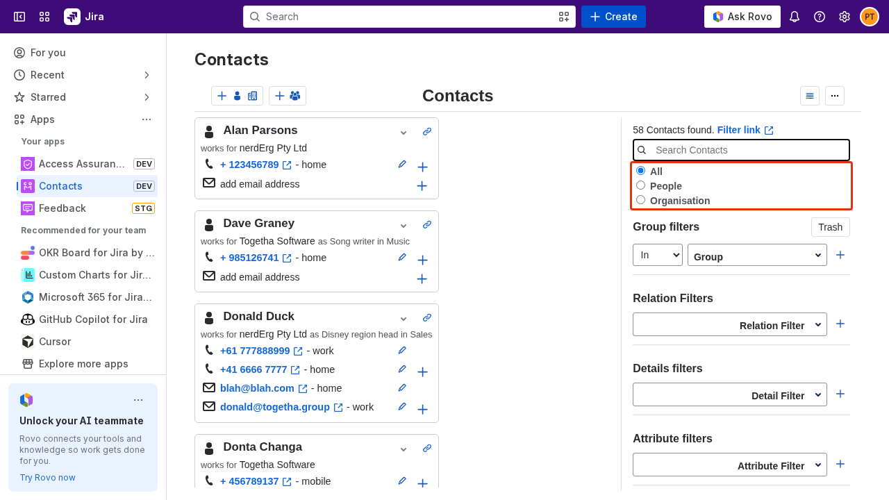 The All, People, and Organisation contact-type filter