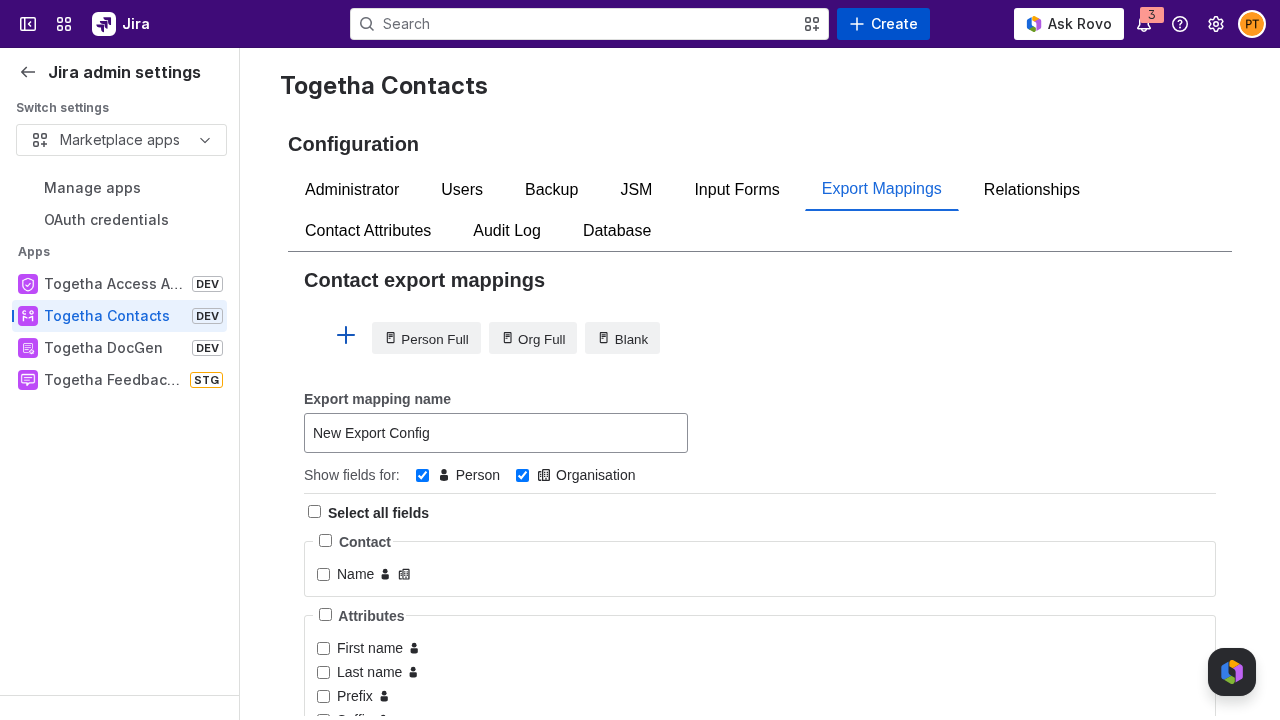 The Export Mappings tab with the field picker