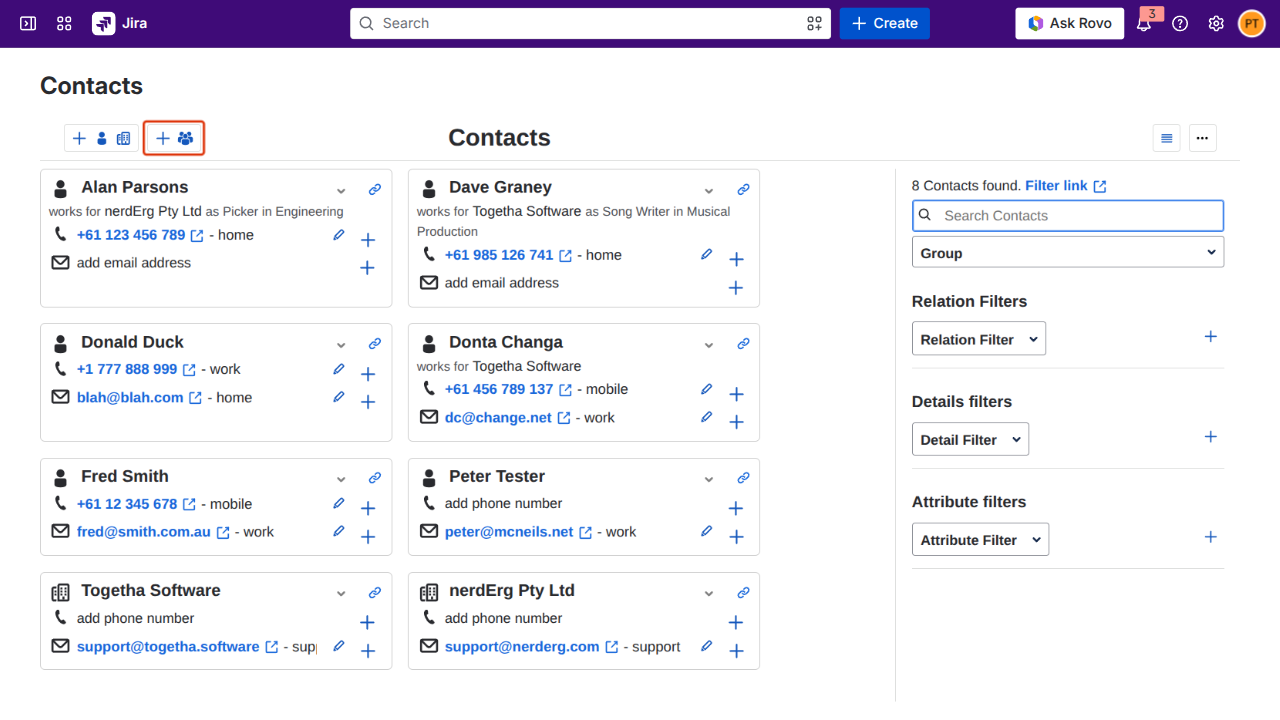 Add contact and Add group buttons on the toolbar